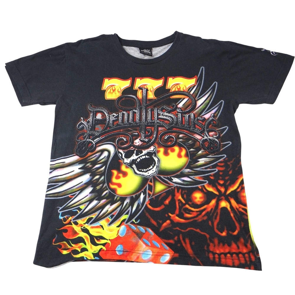 Deadly Sins Graphic T Shirt‎ Black Red Skull Dice Flames Tattoo Punk Rock Mens L